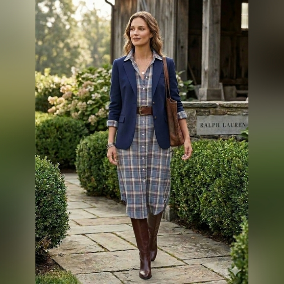 Polo Ralph Lauren Dresses & Skirts - Polo by Ralph Lauren Blue and Cream Plaid Tie-Waist Midi Dress